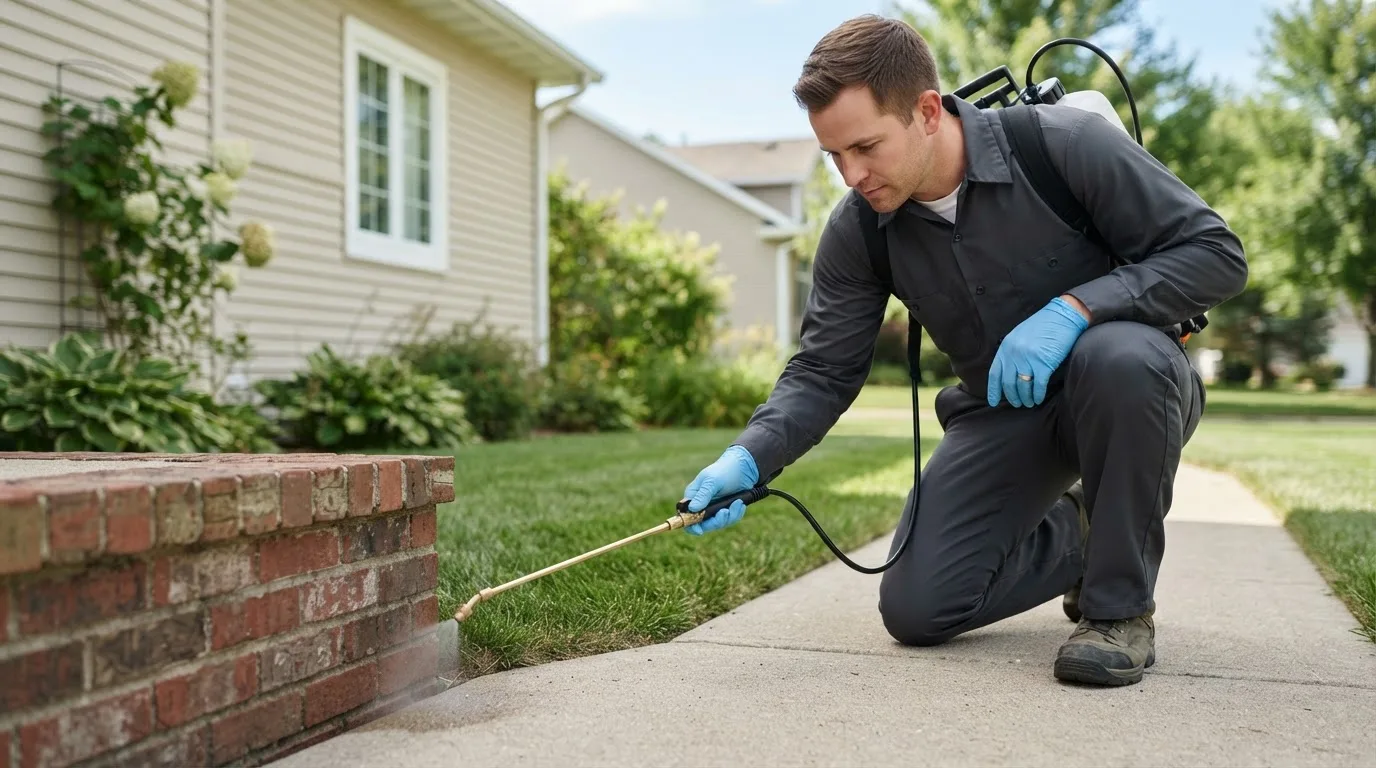 Pest control technician treating a home near New Bloomington, OH