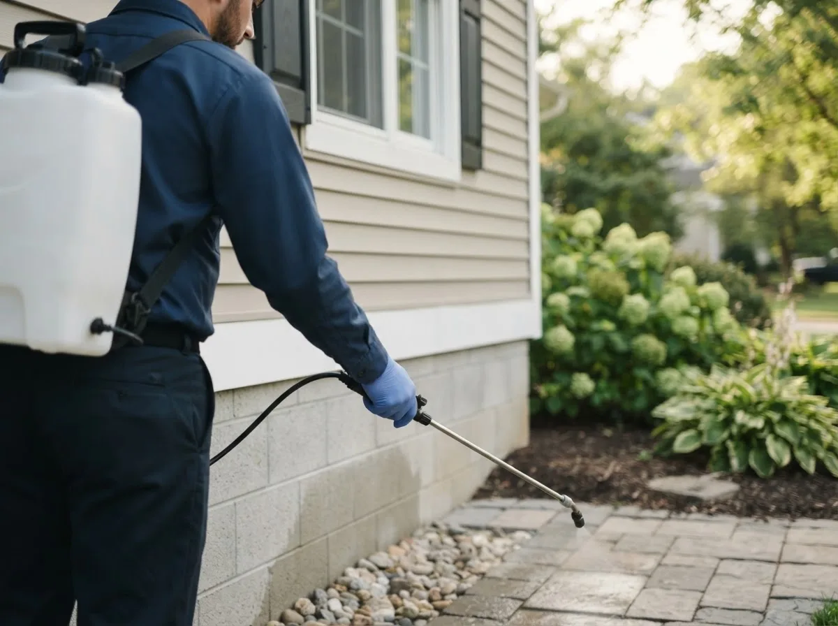 Pest control technician inspecting a home in New Bloomington, OH